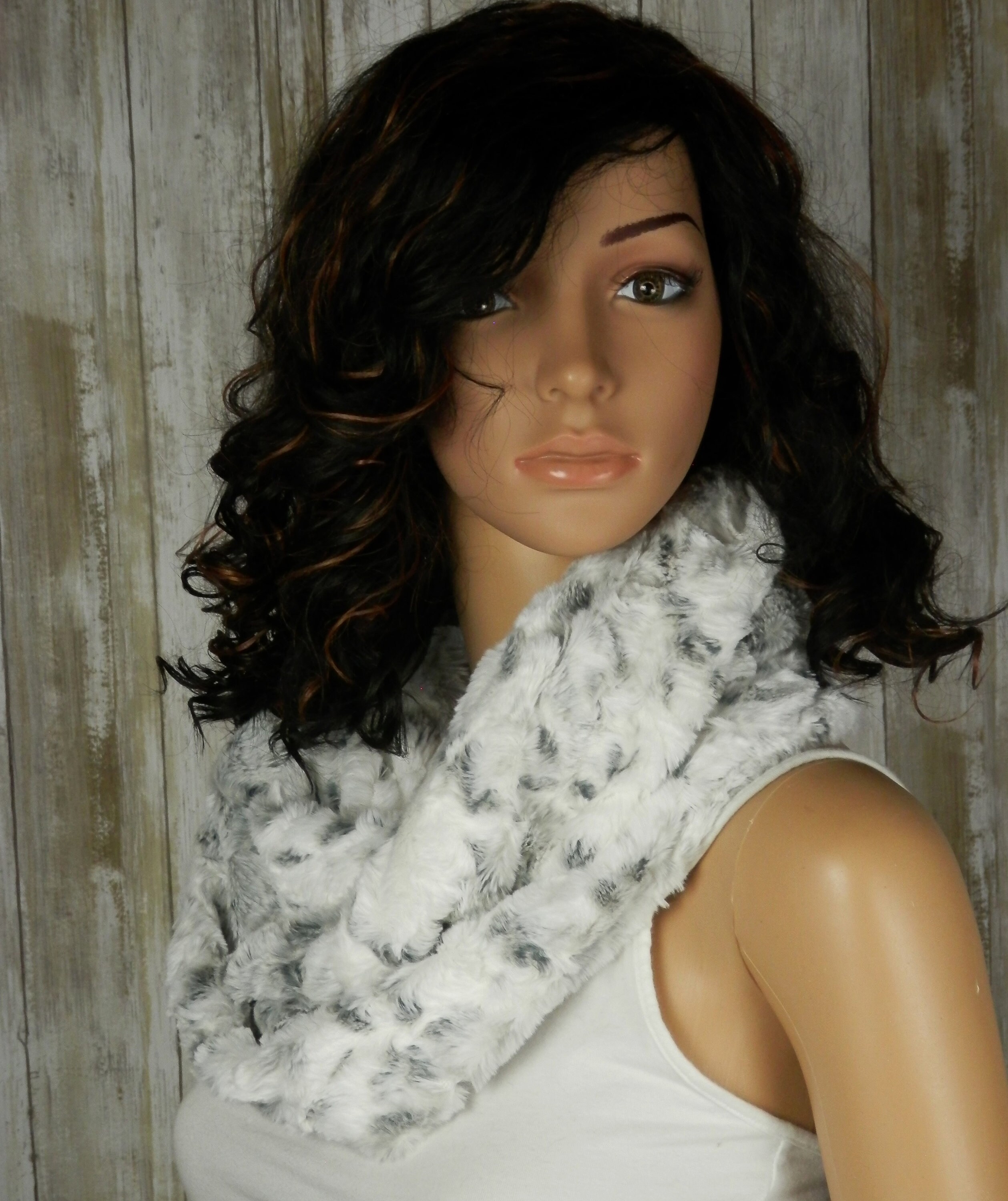 Snowy Owl Faux Fur Infinity Scarf: Embossed Feather Design