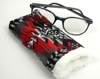 Native American Print Eye Glasses Case: Red Black Gray, White Sherpa Fleece