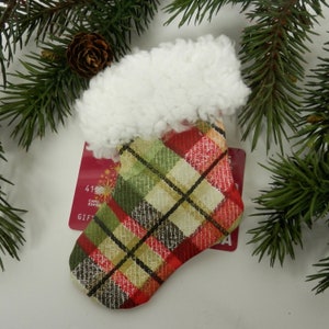 Mini Christmas Stocking, Festive Plaid Stocking, Red, Green and Metallic Gold Plaid, White Faux Sherpa Fur Brim, Christmas Gift Card Holder image 6