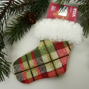 Mini Christmas Stocking, Festive Plaid Stocking, Red, Green and Metallic Gold Plaid, White Faux Sherpa Fur Brim, Christmas Gift Card Holder image 4