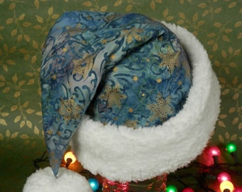 Batik Santa Hat, Snowflake Santa Hat, Blue Batik and Metallic Gold Snowflakes, White Sherpa Faux Fur, Blue Christmas Holiday Hat, Adult Size