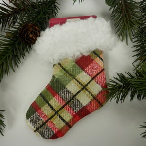 Mini Christmas Stocking, Festive Plaid Stocking, Red, Green and Metallic Gold Plaid, White Faux Sherpa Fur Brim, Christmas Gift Card Holder image 7