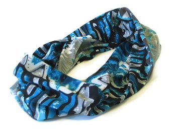 Jersey Knit Hair Wrap Headband Gaiter Turquoise Blue Gray Absrtact Stripes Winter Fashion for Guys and Gals