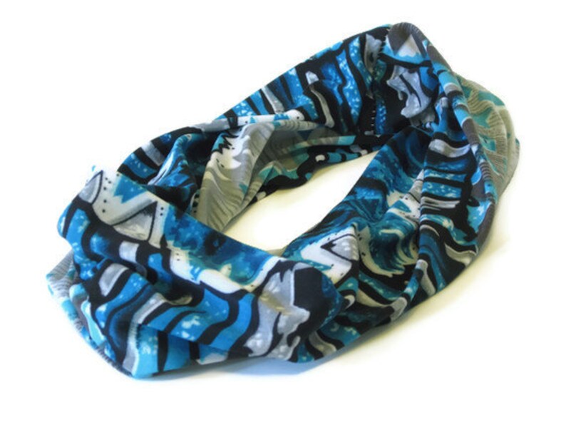 Jersey Knit Hair Wrap Headband Gaiter Turquoise Blue Gray Absrtact Stripes Winter Fashion for Guys and Gals image 1