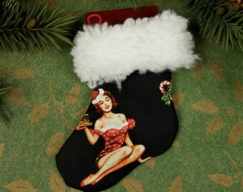 Vintage Style Pin Up Girls, Mini Christmas stocking with Fluffy White Sherpa Brim, Christmas Gift Card Holder, Party Favor, Treats and Gifts