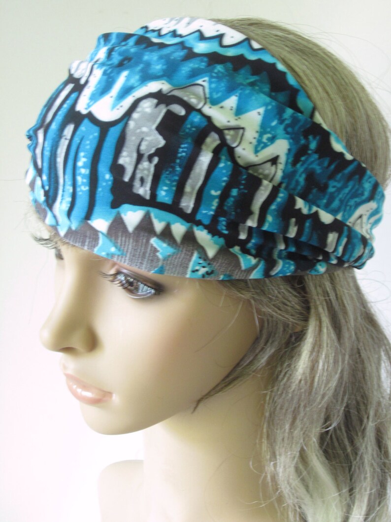 Jersey Knit Hair Wrap Headband Gaiter Turquoise Blue Gray Absrtact Stripes Winter Fashion for Guys and Gals image 2