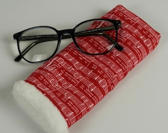 Red Eye Glass Case, O Christmas Tree Text and Musical Notes, Sherpa Fleece Lined