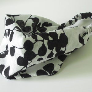 Linen Cotton Headband Black and White Leaves and Branches Hair Fashion Handmade by Thimbledoodle