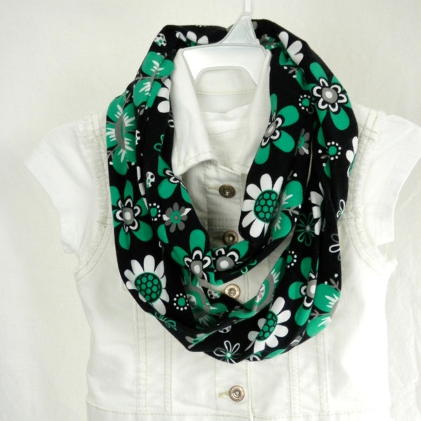 Girls Emerald Green Mod Flower Infinity Scarf Cotton Jersey  Loop Scarf Teen Fashion