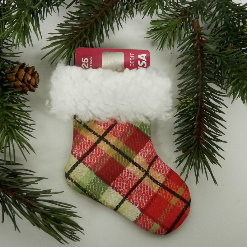 Mini Christmas Stocking, Festive Plaid Stocking, Red, Green and Metallic Gold Plaid, White Faux Sherpa Fur Brim, Christmas Gift Card Holder image 1