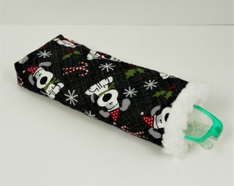 Eye Glasses Case for Dog Lovers, Christmas Theme Dogs, Candy Canes, Black Soft Sided Eye Glasses Case, Thick White Sherpa Fleece Lining