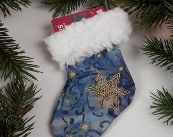 Blue Batik Christmas Stocking with Metallic Gold Celtic Style Snowflakes and stars, Mini Stocking, White Sherpa Brim, Gift Card Holder