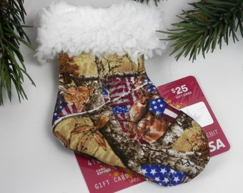 Camo Mini Christmas Stocking: Patriotic Whitetail Buck Gift Card Holder