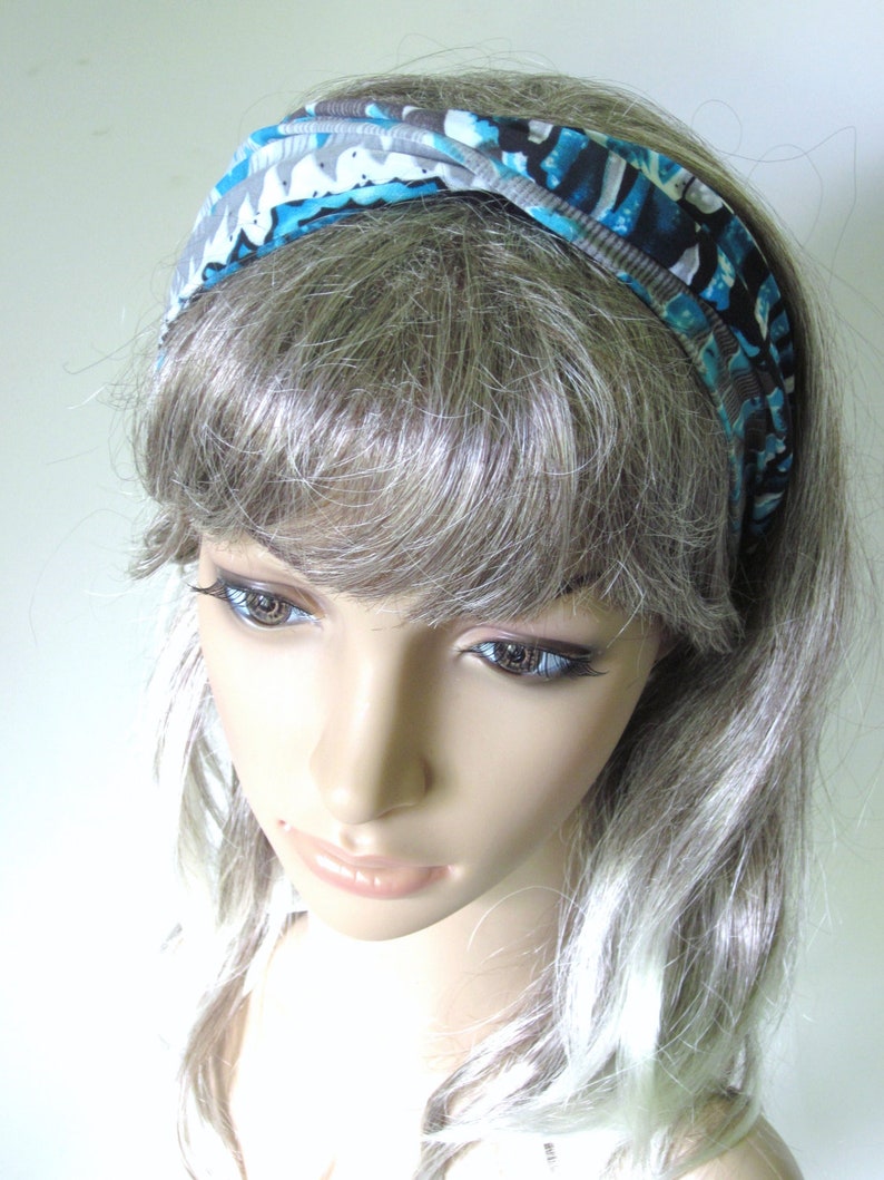 Jersey Knit Hair Wrap Headband Gaiter Turquoise Blue Gray Absrtact Stripes Winter Fashion for Guys and Gals image 4