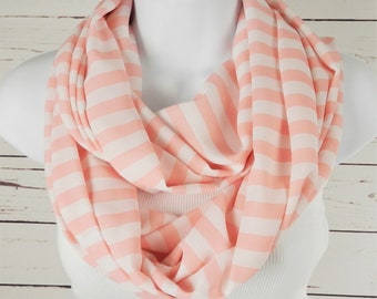 Peach Stripe Infinity Scarf, Salmon and White Stripe Infinity Scarf, Lightweight Chiffon Infinity, Double Loop Summer Scarf by Thimbledoodle