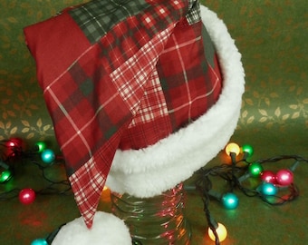 Red and Green Patchwork Plaid Santa Hat, Rustic Christmas