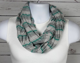 Striped Infinity Scarf: Athletic Grey, Seafoam Green, and White Double Loop