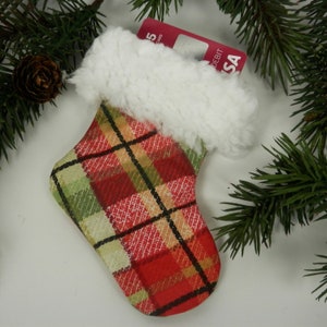 Mini Christmas Stocking, Festive Plaid Stocking, Red, Green and Metallic Gold Plaid, White Faux Sherpa Fur Brim, Christmas Gift Card Holder image 8