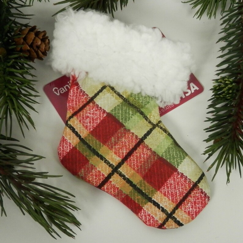 Mini Christmas Stocking, Festive Plaid Stocking, Red, Green and Metallic Gold Plaid, White Faux Sherpa Fur Brim, Christmas Gift Card Holder image 5