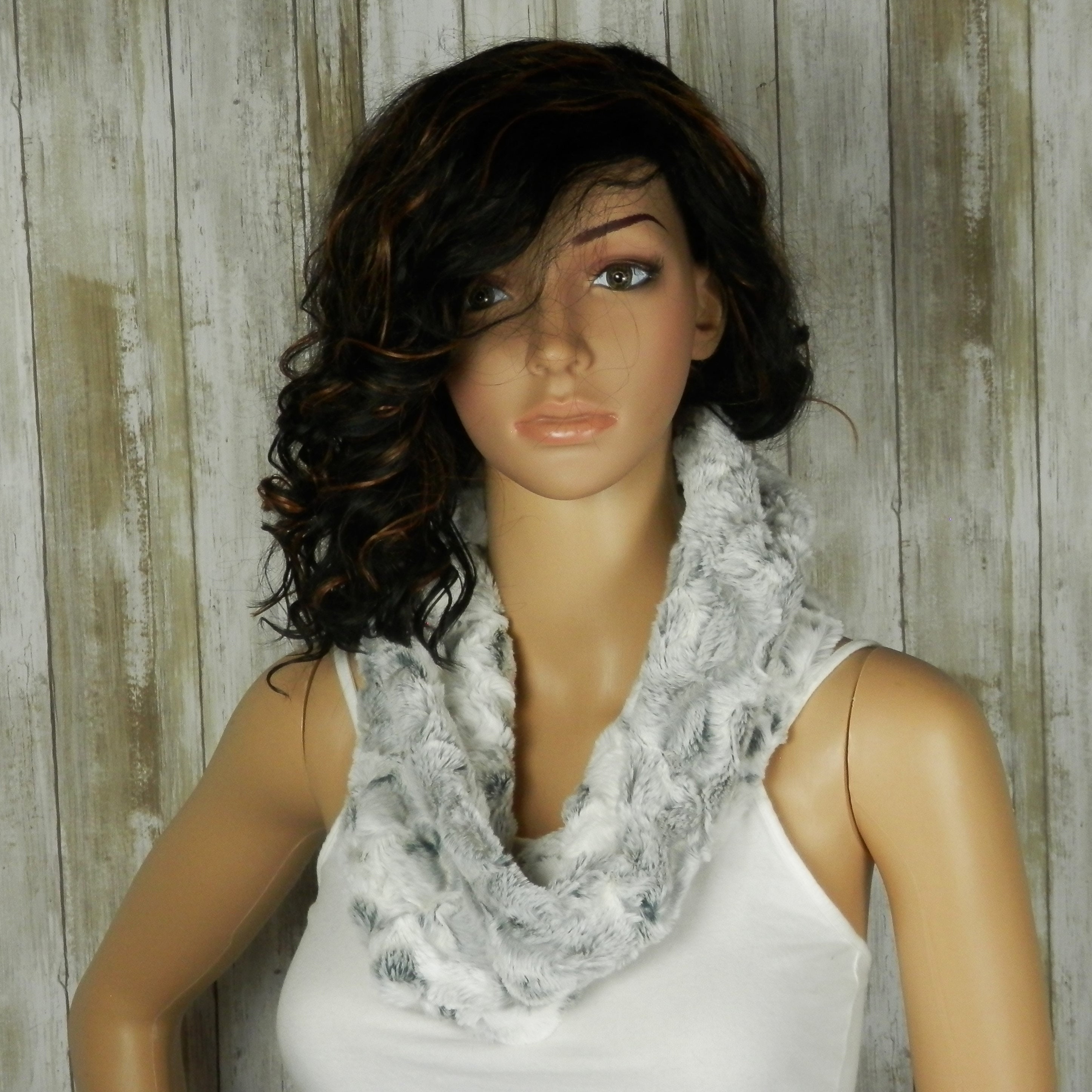 Snowy Owl Faux Fur Cowl: Embossed Feather Infinity Scarf