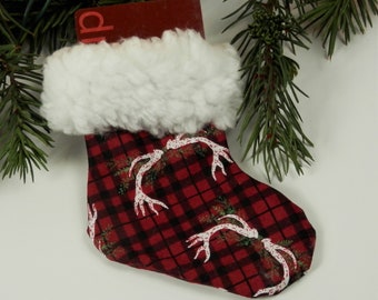 Mini Christmas Stocking, Dark Red and Black Plaid with White Deer Antlers, Fuzzy White Sherpa Fleece Brim, Gift Card Holder