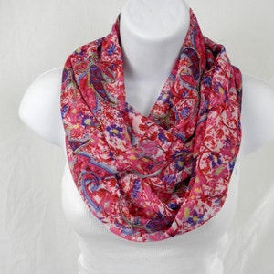 Floral Paisley Chiffon Infinity Scarf: Red, Pink & Purple Double Loop