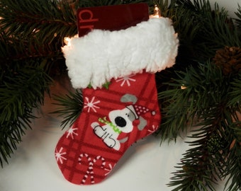 Cute Puppy Dog Christmas Stocking, Mini Christmas Stocking, Red Flannel with White Sherpa Trim, Christmas Gift Card or Treat Holder