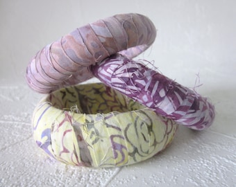 Batik Fabric Wrapped Bangle Bracelets: Chunky Pastel Set of Three