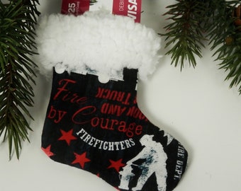 Mini Christmas Stocking for Fire Fighters, 1st Responder, 911 Hero, Black, Red and White with White Sherpa Brim, Christmas Gift Card Holder