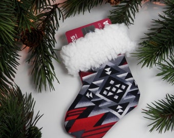 Southwest Mini Christmas Stocking, White Sherpa Trim, Red Black and Gray, Native American Style Christmas Gift Card Holder