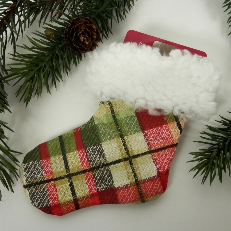Mini Christmas Stocking, Festive Plaid Stocking, Red, Green and Metallic Gold Plaid, White Faux Sherpa Fur Brim, Christmas Gift Card Holder image 2