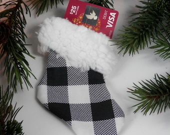 Mini Christmas Stocking, Black and White Buffalo Check with Fuzzy BLACK or WHITE Sherpa Fleece Brim, Christmas Gift Card Holder, Party Favor