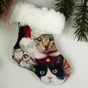 May include: Christmas stocking featuring a collage of cat faces with green eyes, wearing Santa hats and red collars. The stocking has a white fluffy trim at the top and is decorated with images of evergreen branches.