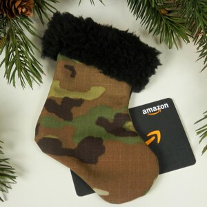 Camouflage Mini Christmas Stocking with Fuzzy Black Sherpa Trim, Christmas Gift Card Holder, Military Camo Ripstop Christmas Stocking