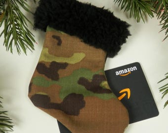 Camo Christmas Stocking: Mini Ripstop with Black Sherpa Trim