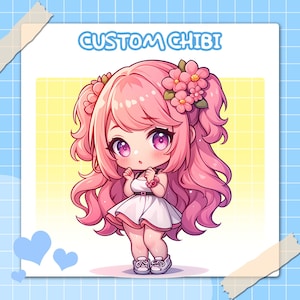 Puede incluir: Ilustración digital de un personaje chibi personalizado. El personaje tiene cabello rosado, ojos morados grandes y viste un vestido blanco. La imagen está etiquetada como "CUSTOM CHIBI" en texto azul. El fondo es amarillo y blanco con una cuadrícula azul.