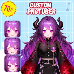 Peut inclure: Un personnage de style anime aux cheveux et cornes violets, vêtu d'une tenue noire avec des accents rouges. L'image comprend le texte "CUSTOM PNGTUBER" et un badge "70% OFF". Trois petites images montrent le visage du personnage avec différentes expressions.