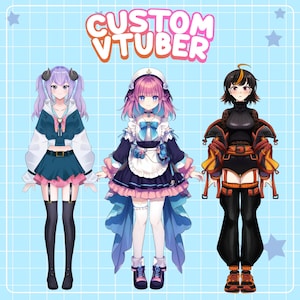 May include: Three custom VTuber character designs are displayed against a light blue background with a grid pattern. The characters have unique outfits and hairstyles. The text "CUSTOM VTUBER" is at the top in a colorful, bubble-style font.