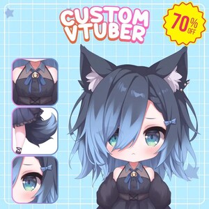 Pode incluir: Ilustração digital de um personagem VTuber personalizado com cabelo azul e preto, orelhas de gato e olhos turquesa. A imagem inclui um adesivo de 70% de desconto e o texto "CUSTOM VTUBER". Painéis adicionais mostram detalhes do personagem.