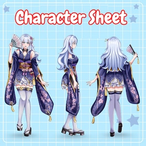 May include: A character sheet illustration featuring a woman in a traditional Japanese kimono. The kimono is navy blue with floral patterns and gold accents. The character is shown from three angles, holding a fan. The text "Character Sheet" is at the top.