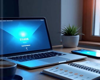 Op de afbeelding: Een laptop met een financieel dashboard met de tekst "$11408" staat op een houten bureau. Daarnaast liggen een smartphone, een notitieboek, een kop koffie en een kleine plant in een pot. De tekst "The Side Hustle Starter Pack" staat bovenaan.