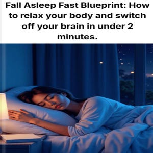 May include: A person sleeping peacefully in a bed, illuminated by soft lighting. The image features the text "Fall Asleep Fast Blueprint: How to relax your body and switch off your brain in under 2 minutes."