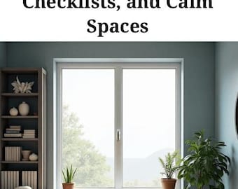 May include: Interior scene with a large window, a bookshelf, and a desk. The text "The ADHD-Friendly Home: Routines, Checklists, and Calm Spaces" is at the top. A potted plant sits on the windowsill, and a woven basket is on the floor.