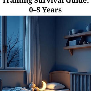 Könnte beinhalten: Schlafzimmer-Szene mit Bett, Kinderbett und Fenster. Der Text "The Ultimate Sleep Training Survival Guide: 0-5 Years" steht oben. Eine halbmondförmige Lampe beleuchtet das Bett, auf dem ein Teddybär sitzt.