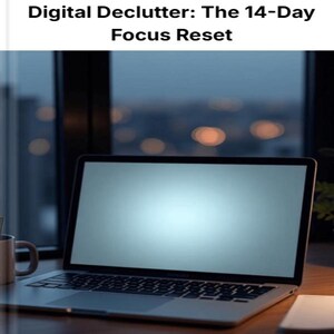 May include: A laptop computer with a blank screen sits on a wooden desk. The text "Digital Declutter: The 14-Day Focus Reset" is at the top of the image. A mug is to the left of the laptop, and a window with city lights is in the background.