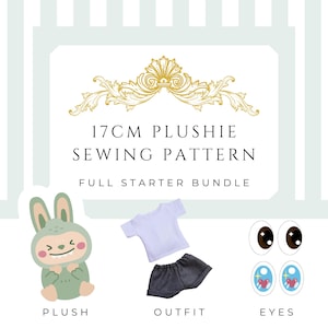May include: A sewing pattern bundle for a 17cm plushie. The image shows a plushie, outfit, and eyes. The plushie is a green bunny with a smiling face. The outfit includes a white t-shirt and dark grey shorts. The eyes have brown and blue designs.