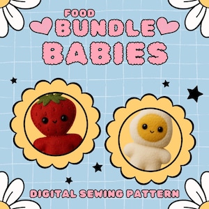 Op de afbeelding: Een digitaal naaipatroon met twee voedselthema pluche: een rode aardbei en een wit ei. De tekst "FOOD BUNDLE BABIES" staat in roze bubbelletters. De achtergrond is lichtblauw met een rasterpatroon.