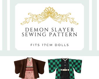 May include: A sewing pattern for Demon Slayer doll outfits. The image shows two doll outfits: one is brown and pink, and the other is black and green. The text on the image reads "Demon Slayer Sewing Pattern" and "Fits 17cm Dolls."
