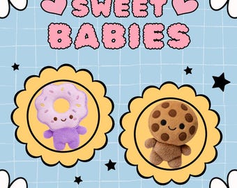May include: A digital sewing pattern titled SWEET BABIES featuring illustrations of two plush toys: a light purple donut with sprinkles and a brown chocolate chip cookie, both with smiling faces, set against a light blue grid background with flowers.