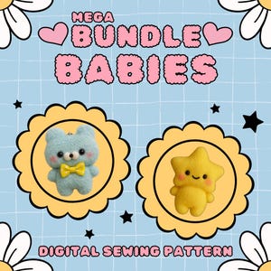 Pode incluir: Um molde de costura digital intitulado MEGA BUNDLE BABIES apresentando dois brinquedos de pelúcia: um urso azul claro com uma gravata borboleta amarela de bolinhas e uma estrela amarela. Ambos têm olhos pretos, bocas pequenas e bochechas rosas.